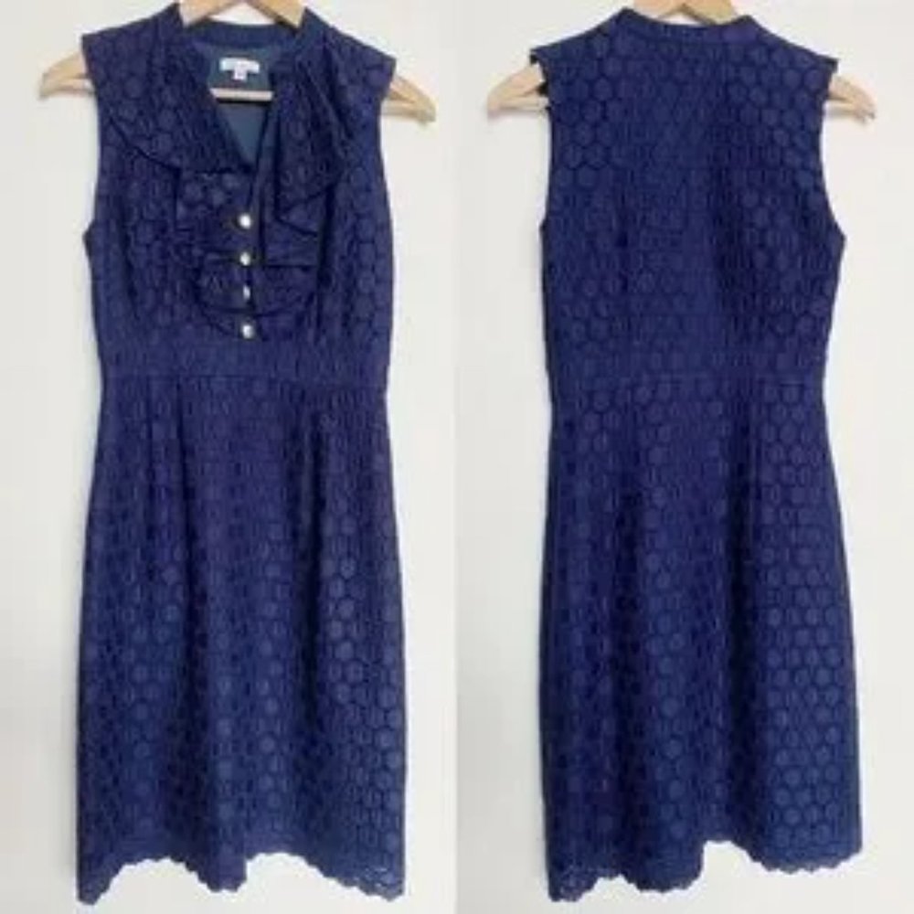 Shoshanna Navy Lace W/ Gold Buttons Ruffled‎ Neck Sheath Dress Sz 2 - EUC